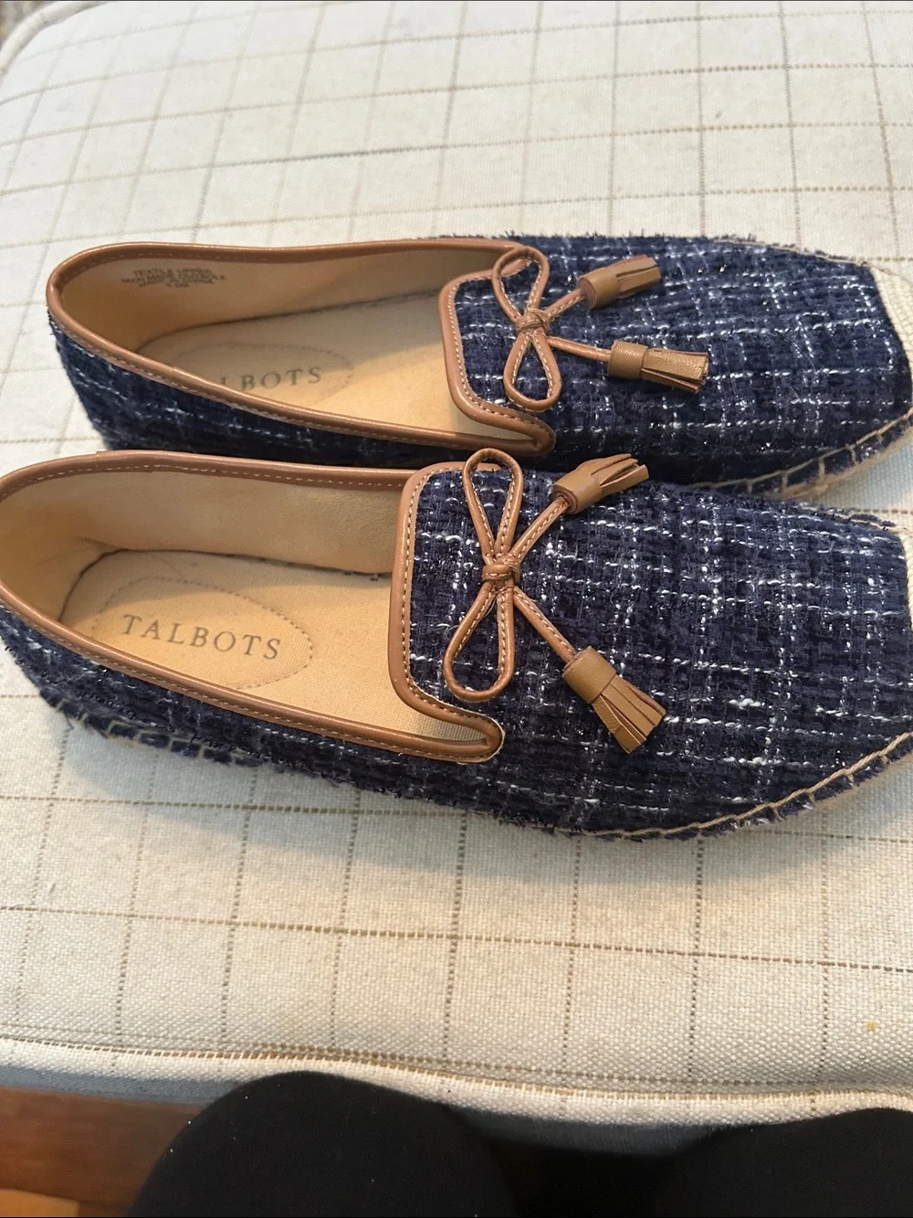 Talbots Navy Tweed Slip-On Espadrille Loafers with Tan Trim and Tassels - Picture 2 of 6